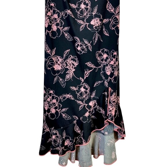 Vintage 90s Floral Dress Women Medium 8 Ruffle Knee Length Strap Black Pink New - Picture 12 of 15